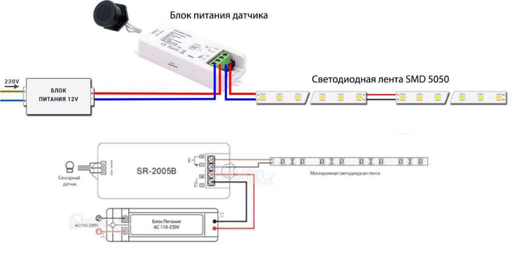 Схема подключения освещения рабочей зоны кухни с 12-вольтовым датчиком движения или ручным качанием