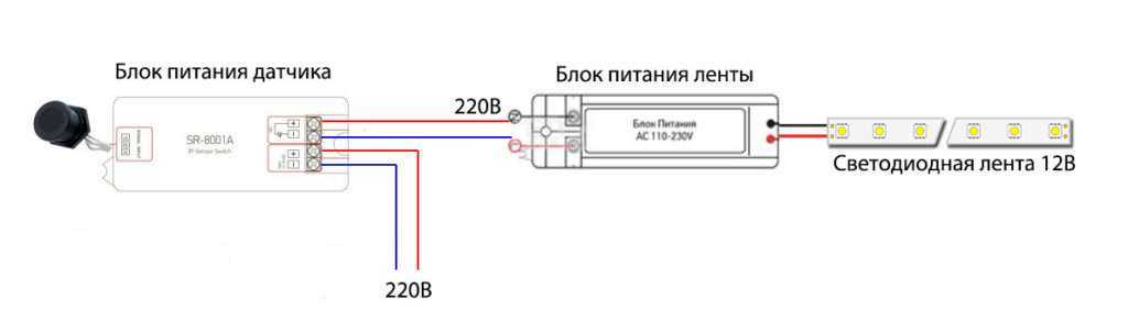 Схема подключения освещения рабочей зоны 220 В на кухне с датчиком движения или маятником для рук